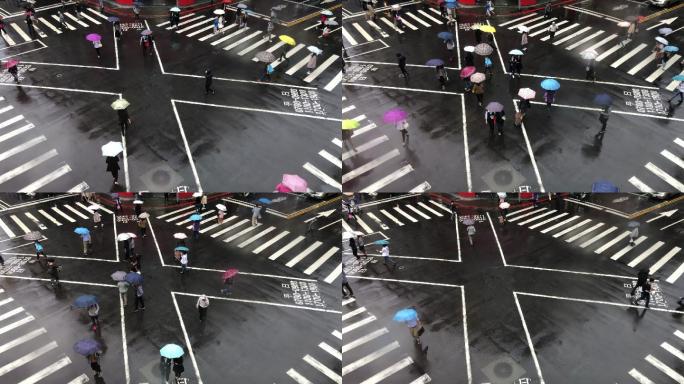 雨中行人过街斑马线十字路口交通