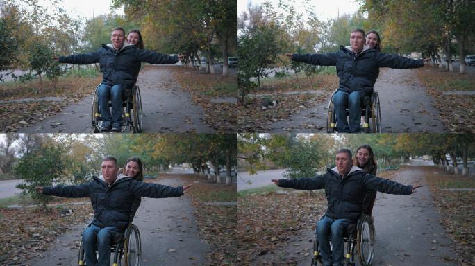 快乐的残疾人在轮椅上玩得开心