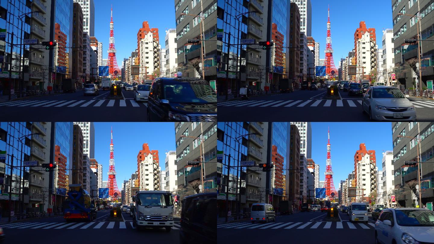 热闹的街道和东京塔。