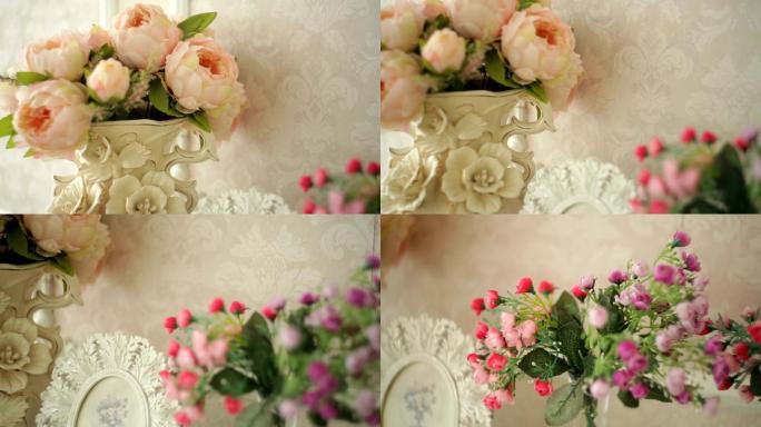 桌上花瓶里的粉红色牡丹花