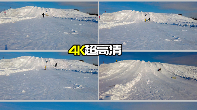 4k实拍蓝天下的高坡滑雪场