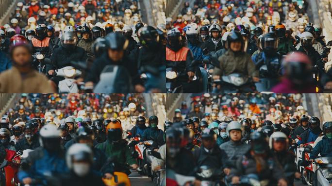 摩托车瀑布超长焦拍摄大量人群骑行骑电动车