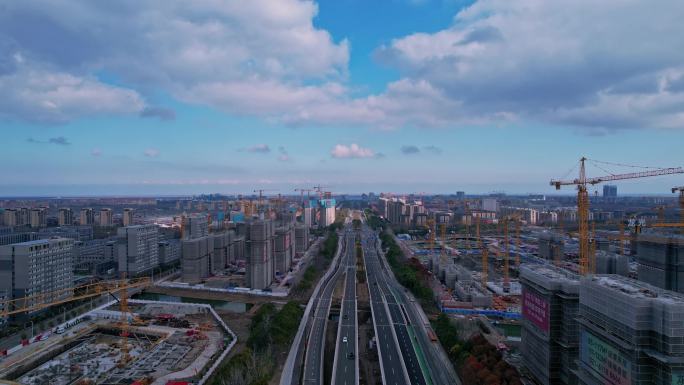 航拍上海临港新区申港大道交通城市发展规划