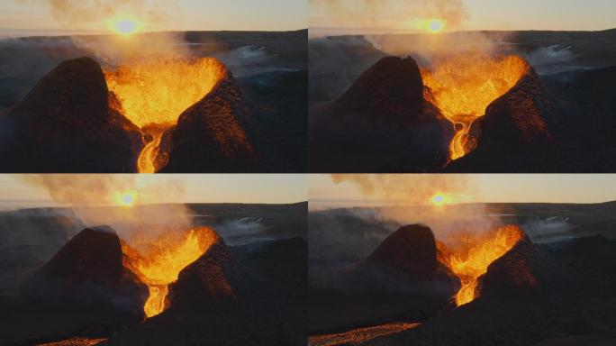 日落时火山喷发的熔岩