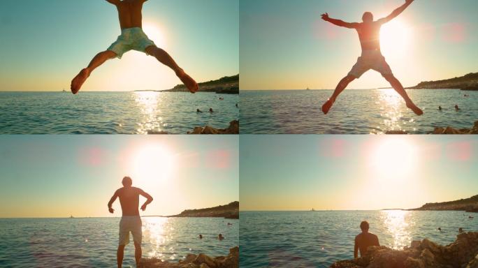 男子跳进大海旅行度假升格慢镜头跳水游泳