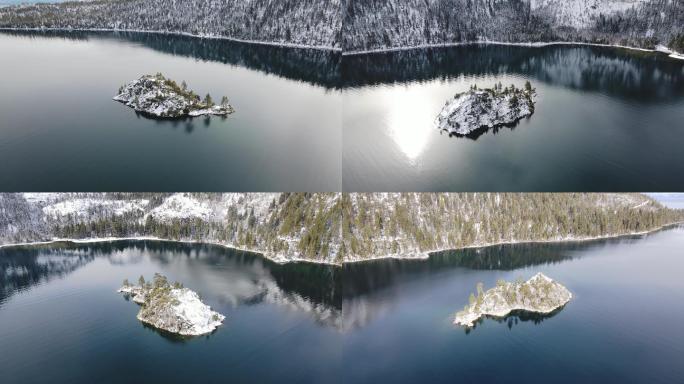 宁静的湖泊冬天航拍雪景森林雪景