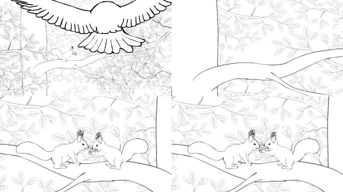 松鼠逃离猫头鹰手绘卡通