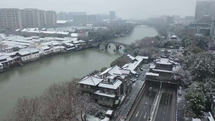 【4K可商用】京杭大运河雪景航拍拱宸桥