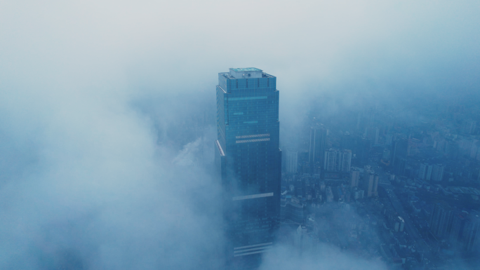 长沙云雾阴天城市建筑航拍