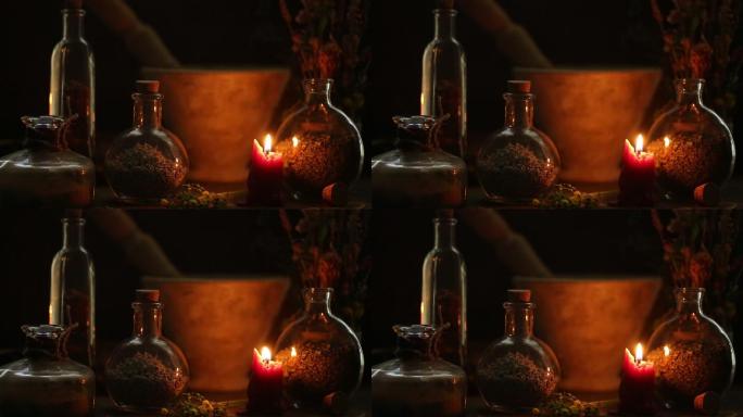 燃烧的蜡烛燃油瓶煤油灯上世纪老视频