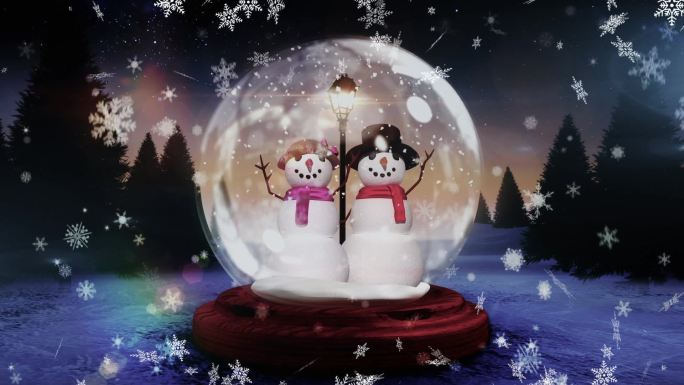 雪花飘落雪球和冬季风景的动画