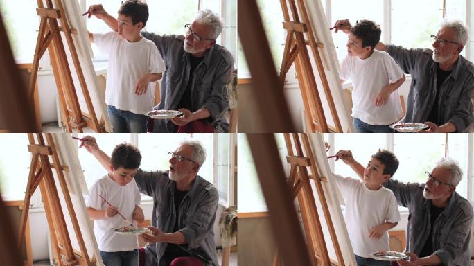 爷爷教他的孙子绘画