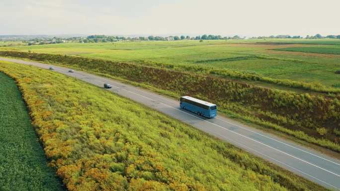 一条狭窄的乡村道路上观光巴士的鸟瞰图。