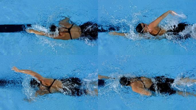 一名年轻女子在游泳池自由泳的超慢动作