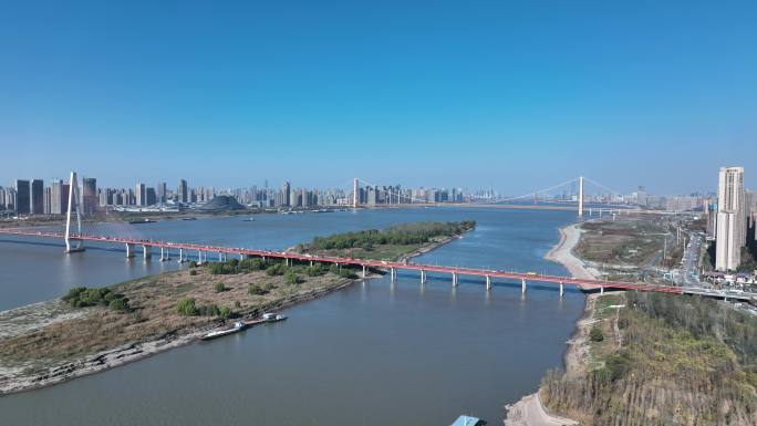 武汉白沙洲大桥长江全域全景大气城市风景