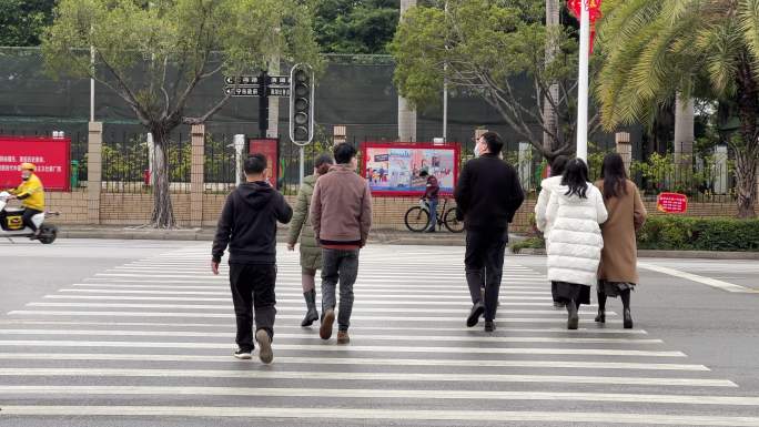 一群行人步行安全通过斑马线