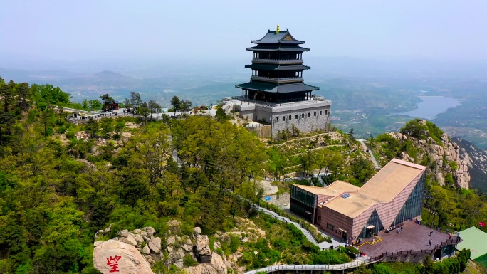 4K航拍山东省临沂市天蒙景区望海楼风景