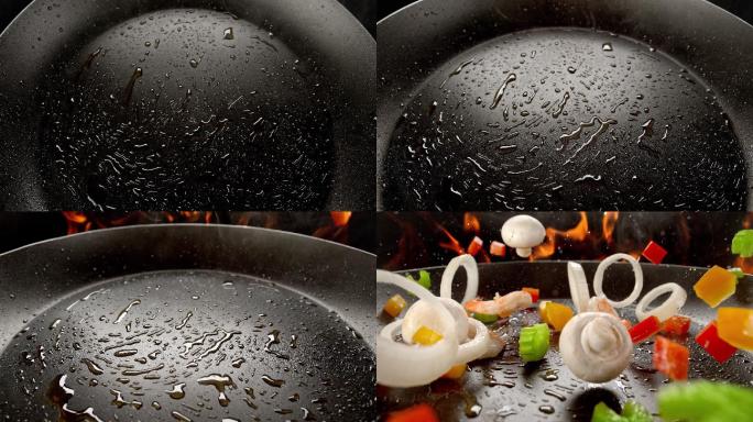 用煎锅准备炒菜烹饪蔬菜美食不粘锅慢镜头香