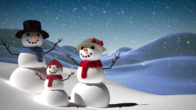 雪花飘落在微笑的雪人上的动画
