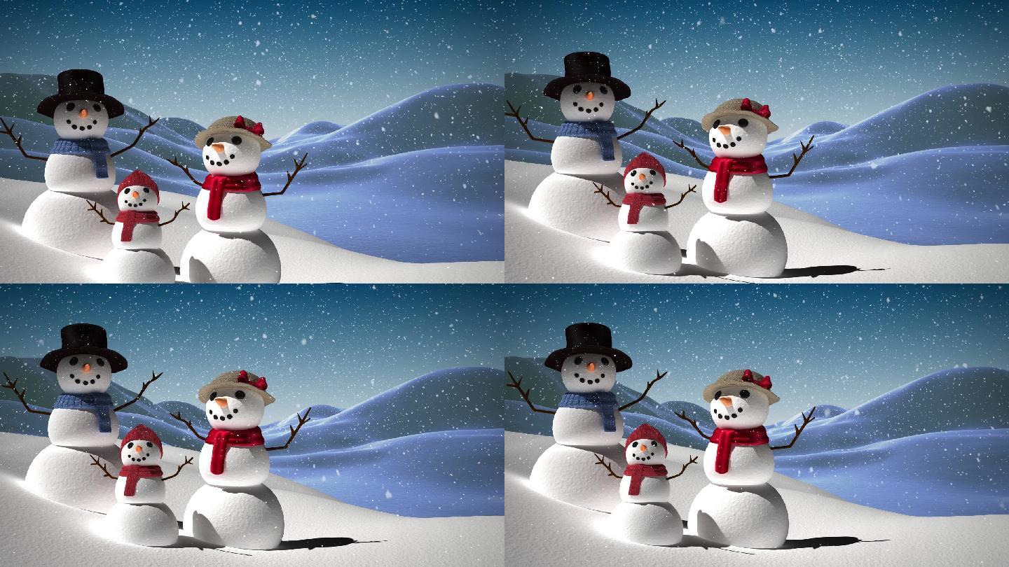雪花飘落在微笑的雪人上的动画