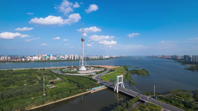 4K正版延时山东临沂市沂河三河口城市风景