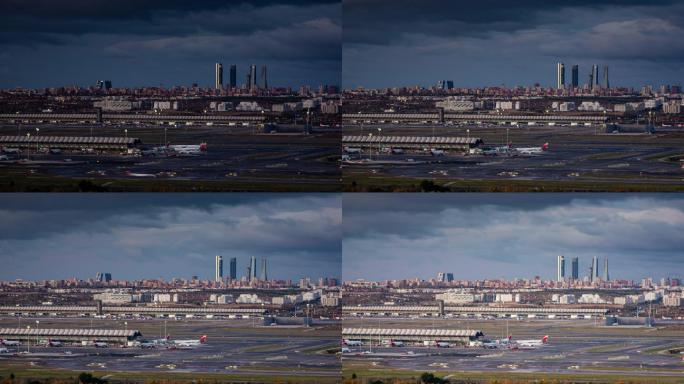 马德里天际线和机场时间推移