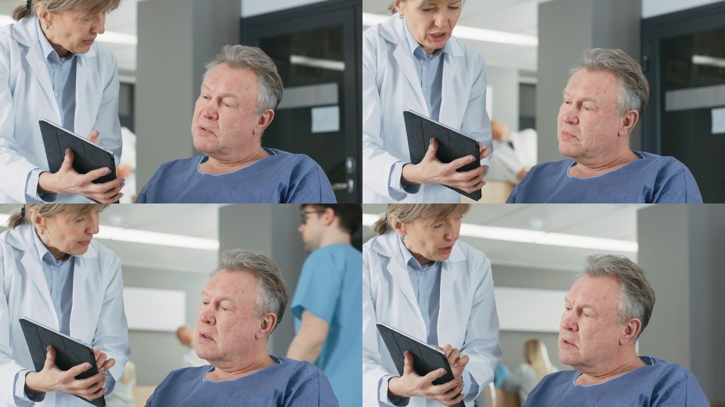 女医生向老年病人展示平板电脑