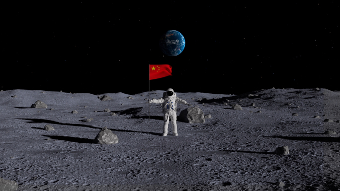 宇航员在月球插旗