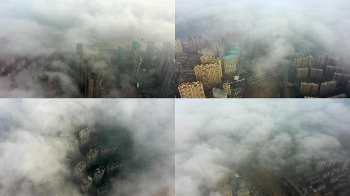 西安市城市城区住宅平流雾4k航拍