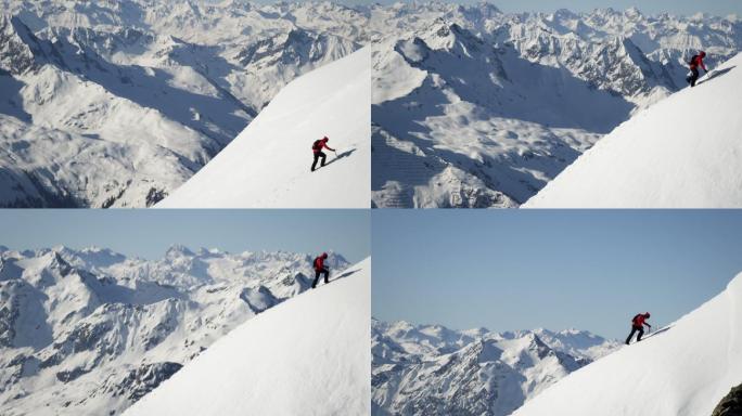 雪山上的登山者爬山攀登山顶攀爬前进前行