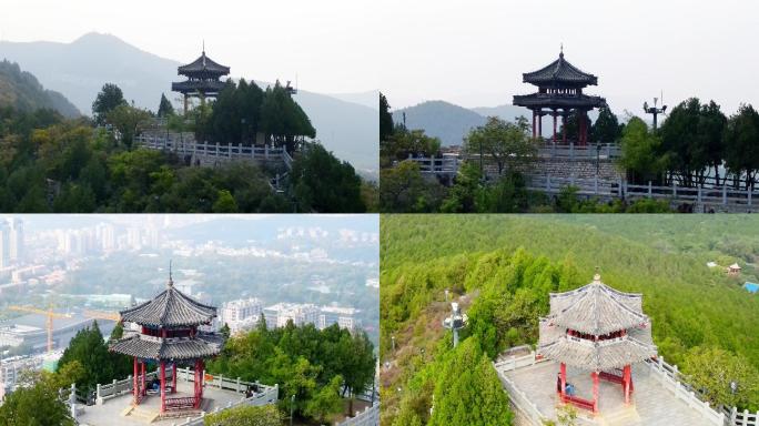 航拍山东济南著名景点千佛山风景区唐槐亭