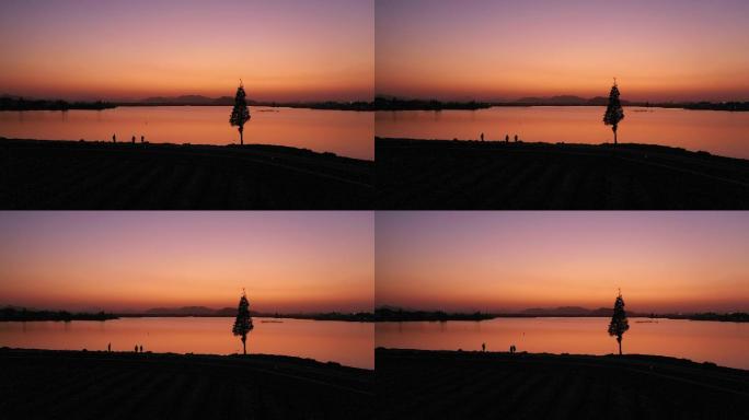 湖边 人们 晚霞 夕阳 散步 美景