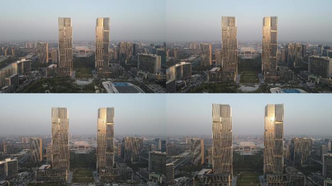 航拍郑州绿地中心双子塔地标建筑