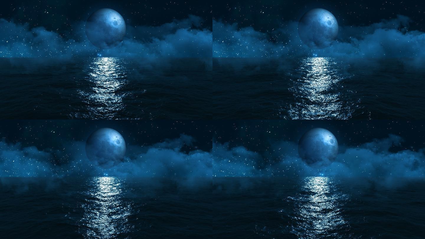 月亮悬挂在深蓝色的海洋上