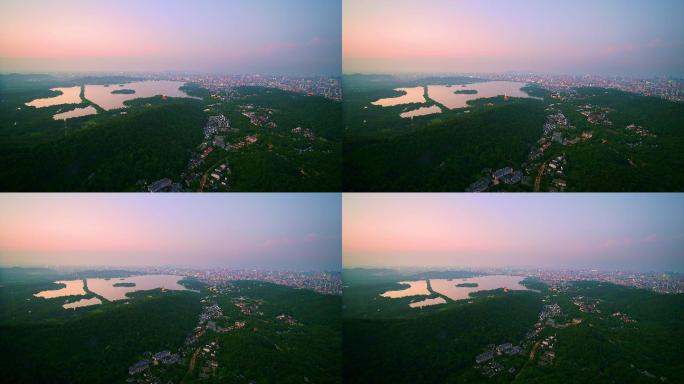 航拍夕阳杭州著名景点西湖风景区雷峰塔