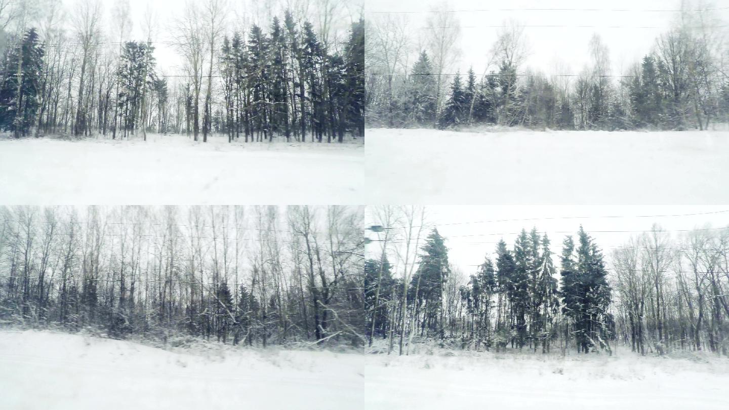 从火车车窗外的冬季景观