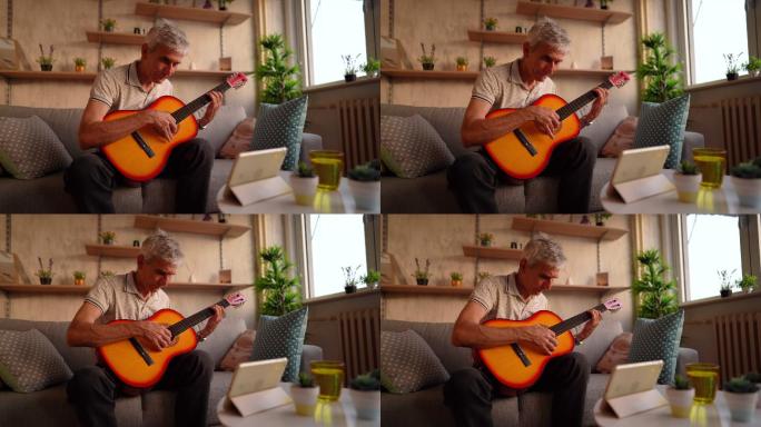 弹吉他的老人国外外国老年人学习练习