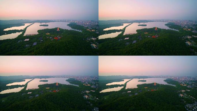 航拍夕阳杭州著名景点西湖风景区雷峰塔
