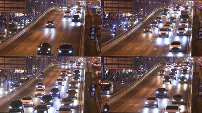 北京三环夜晚交通双井桥高架车流4K实拍