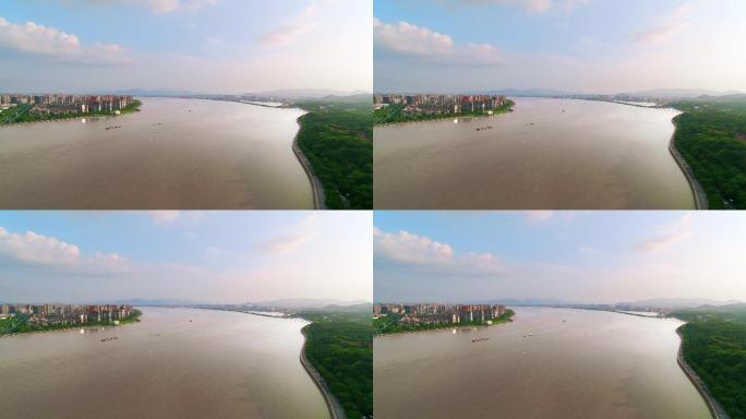 航拍杭州六和塔周边钱塘江自然景观