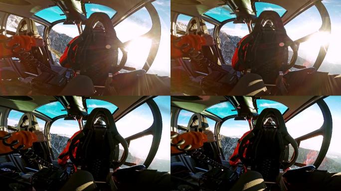 直升机乘客在飞行员身后飞向太阳