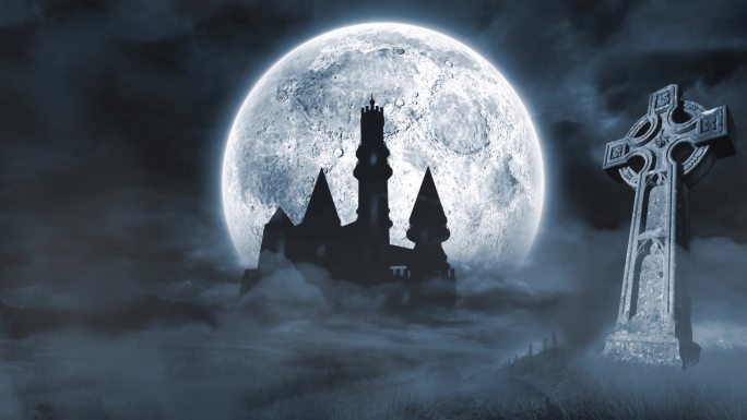 蝙蝠在满月和坟墓上空飞出城堡
