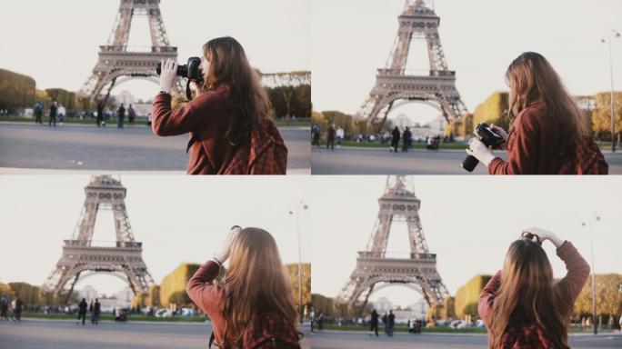 旅行少年在法国巴黎的埃菲尔铁塔上拍照