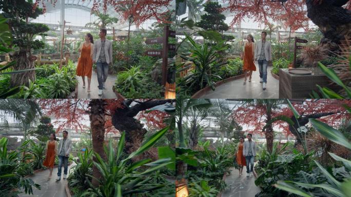 情侣在温室植物园游览