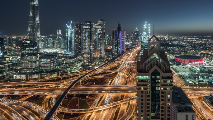迪拜夜景鸟瞰图建筑物已建商业地区
