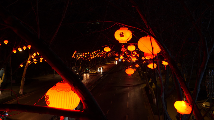 4K 红灯笼春节城市街景