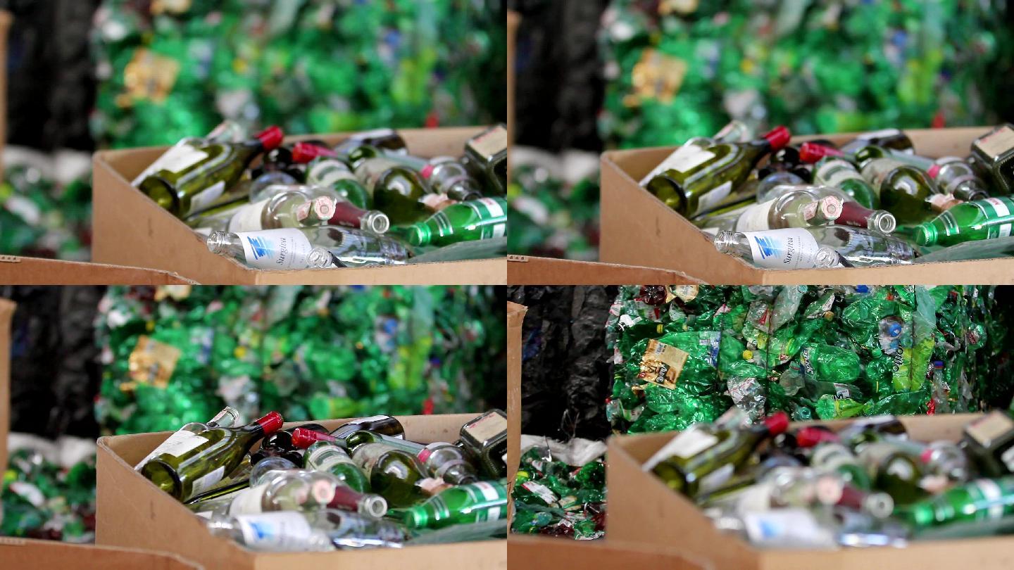回收工厂的玻璃瓶和塑料瓶