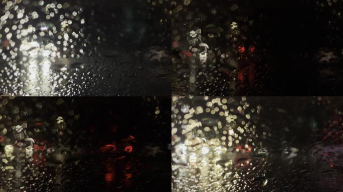 春天春雨夜晚汽车车窗玻璃车灯光影光晕光斑