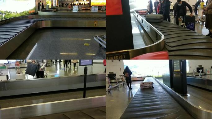 航班旅客拿行李箱手提箱旅行箱传送带站台