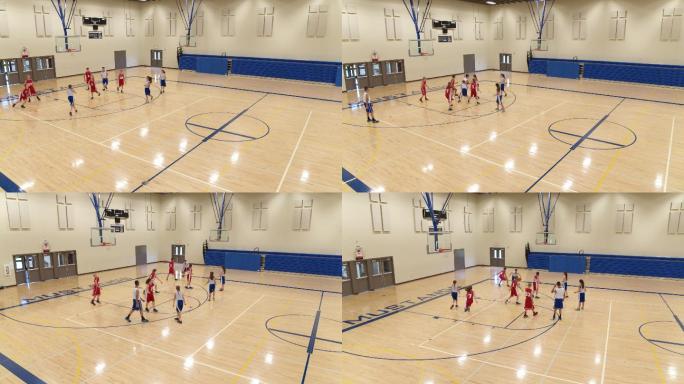 蓝色团队投篮打球投球校园室内奔跑女选手